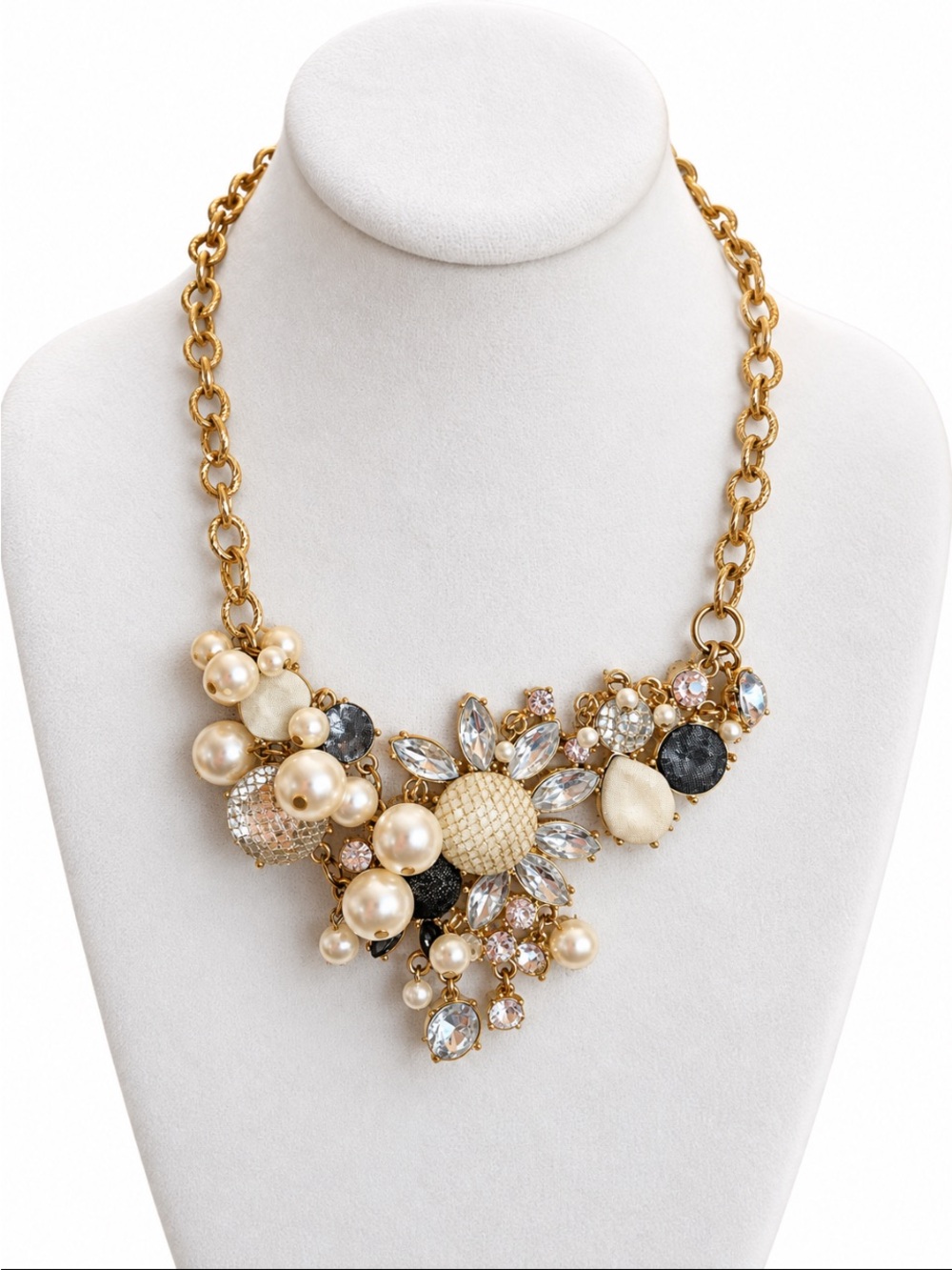 Gold Tone Faux Pearl & Rhinestone Floral Cluster Statement Necklace